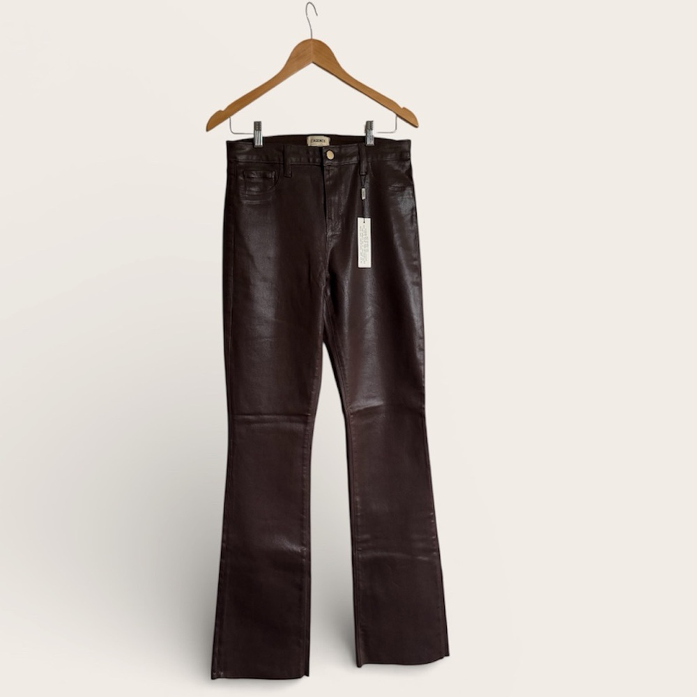 L'AGENCE High-Rise Coated Flare Jeans in Dark Brown